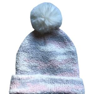 Jenni Pom Pom Faux Fur Beanie Pink Gray Cream Camo Print One Size